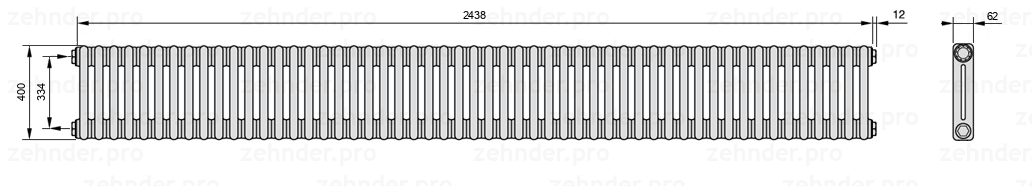 Схема (чертеж) Радиатор Zehnder Charleston 2040/53 №1270 Белый глянцевый RAL 9016